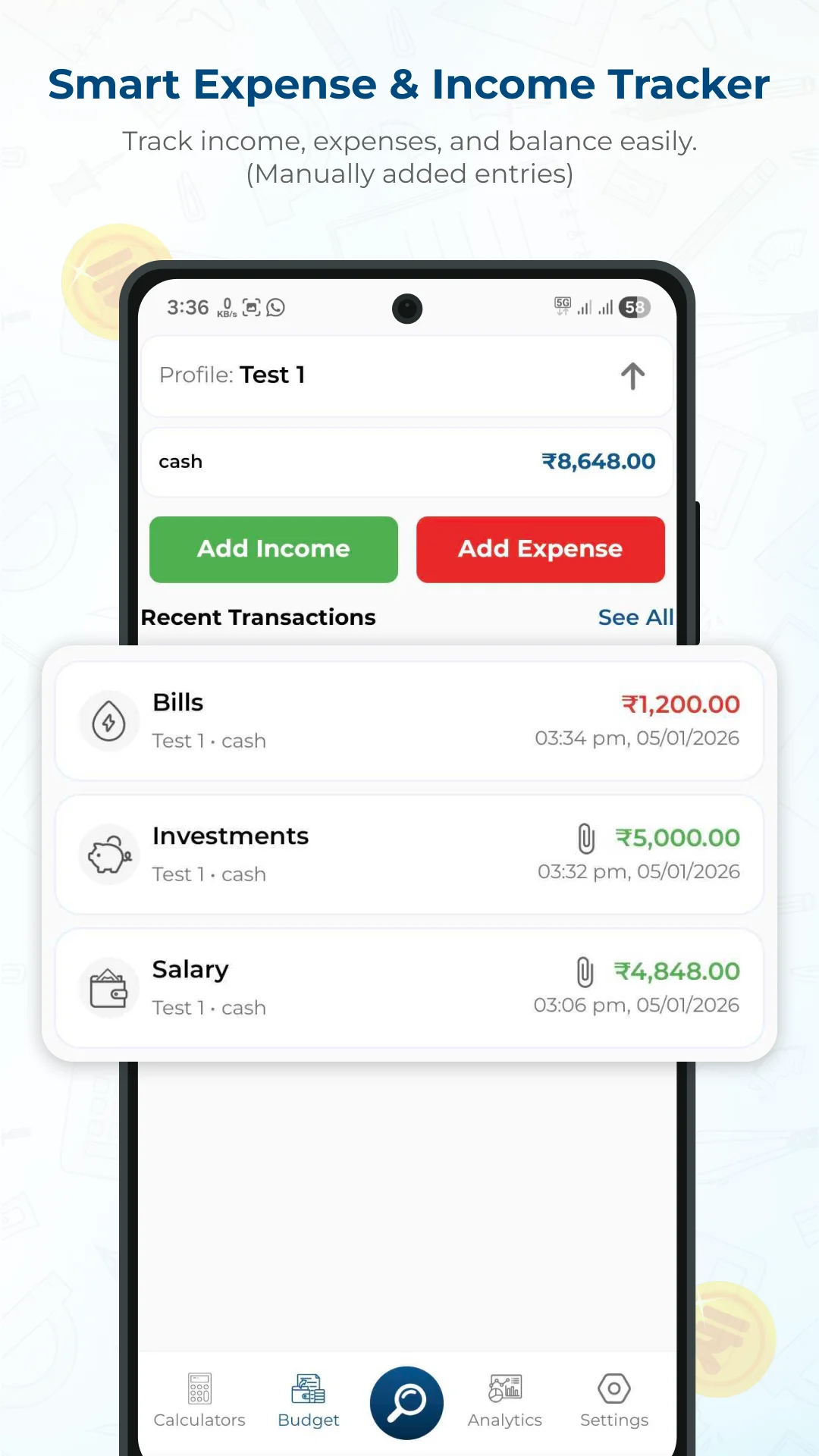Toolance Smart Expense & Income Tracker - balance, add income/expense, and recent transactions